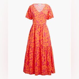 Jcrew Factory | TIERED MIDI DRESS WITH PUFF SLEEVES | 18 | Orange Pink